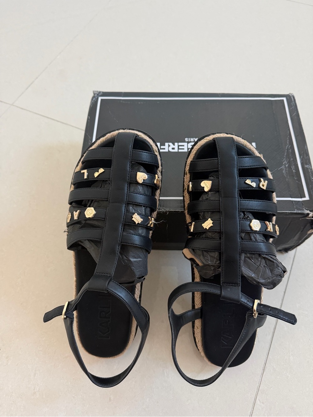 Karl Lagerfeld Black Leather  Sandals